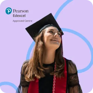 Smiling student with graduation cap and Pearson Edexcel Approved Centre logo