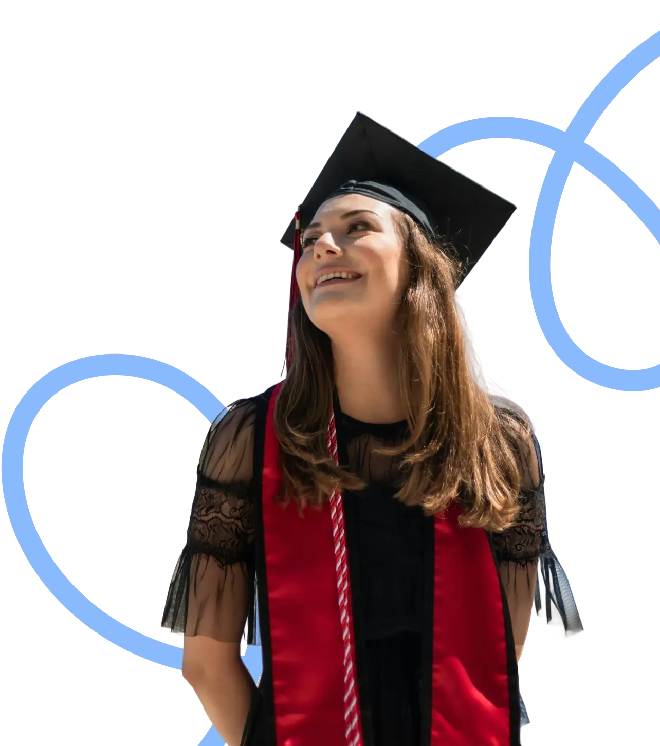 Smiling student with graduation gown and cap, surrounded by blue swirling lines