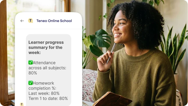 A Teneo learner studying independently on a laptop at home, supported by the Smart School System's personalised intervention tools
